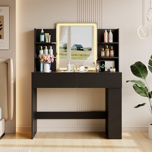 Image of YESHOMY 35.4 Inch Vanity Desk with LED Mirror&Lights Classic Black