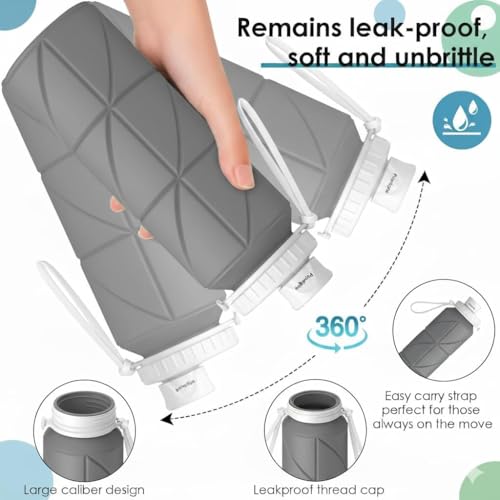 Image of 600ml Folding Silicone Water Bottle for Travel, Gym, Hiking, Camping with Leak-Proof Lid Space-Saving Portable Bottle (Grey 2PC)