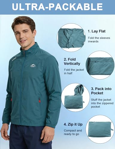 Image of Venzina Sunscreen Jacket for Men Sunproof Jacket for Men UPF 50+ Slim Fit Stand Collar Wind Resistant Packable Breathable Quick Dry Running Bike Outdoor Sports Blue L