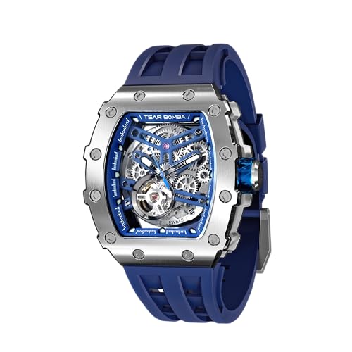 TSAR BOMBA Montre Homme Automatique Montre de Luxe Etanche 50M Tonneau Squelette Marque Rectangulaire Plongee Sport Militaire Montres Cadeau Homme Mouvement...
