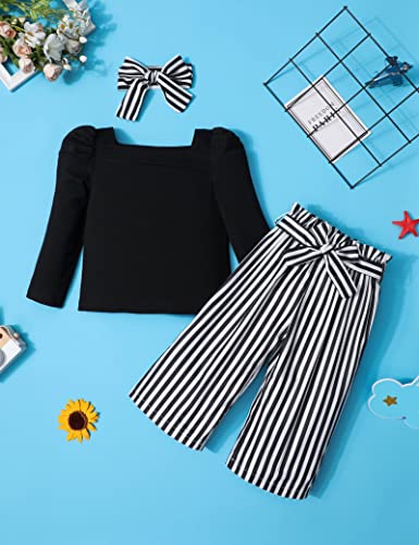 Ribabz Toddler Girl Clothes, 5-6T Toddler Clothes Square Neck Puff Long Sleeve Top + Striped Pants + Headband 3Pcs Girls Outfit Set #TOP3