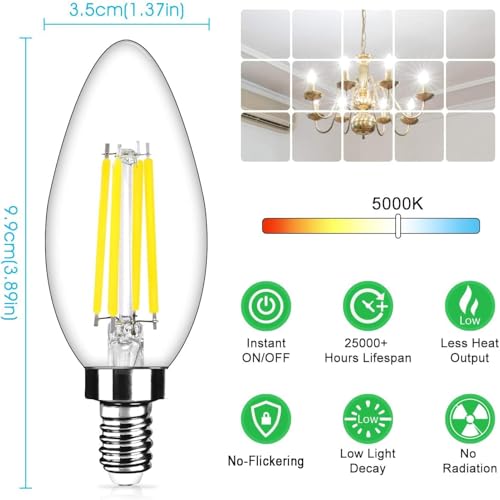 Image of 24-Pack Dimmable E12 LED Candelabra Bulbs 40Watt Equivalent, 5000K Daylight White, 450Lumens, 4W B11 Vintage Chandelier Light Bulbs, LED Filament Clear Glass Candle Lamp for Ceiling Fan Home Decor