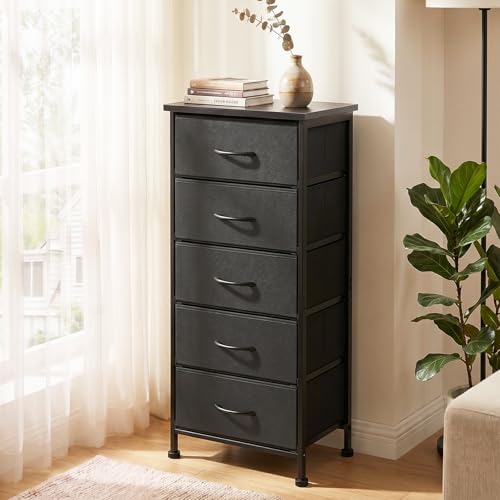Image of Fixwal Black Tall Skinny Dresser for Bedroom, Narrow Storage Dresser Organizer with 5 Fabric Drawers, Nightstand Furniture in Closet, Entryway, Hallway