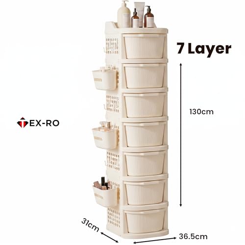 Image of TEX-RO 7 Layer Plastic Drawer Cabinet with Wheels & Side Hooks | Stackable Storage Trolley Organiser for Kitchen, Bedroom, Bathroom | Multipurpose Drawers Organisers Rack with Basket - Ivory