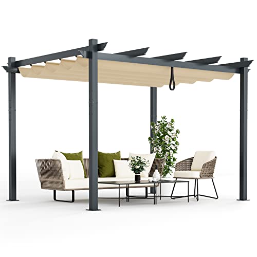 COSTWAY 2.9 X 3.6m Metal Pergola with Retractable Roof, Large Garden Pergola with Sun Shade Canopy, Outdoor Heavy-Duty Grape Trellis Gazebo for Patio Party BBQ (Beige)