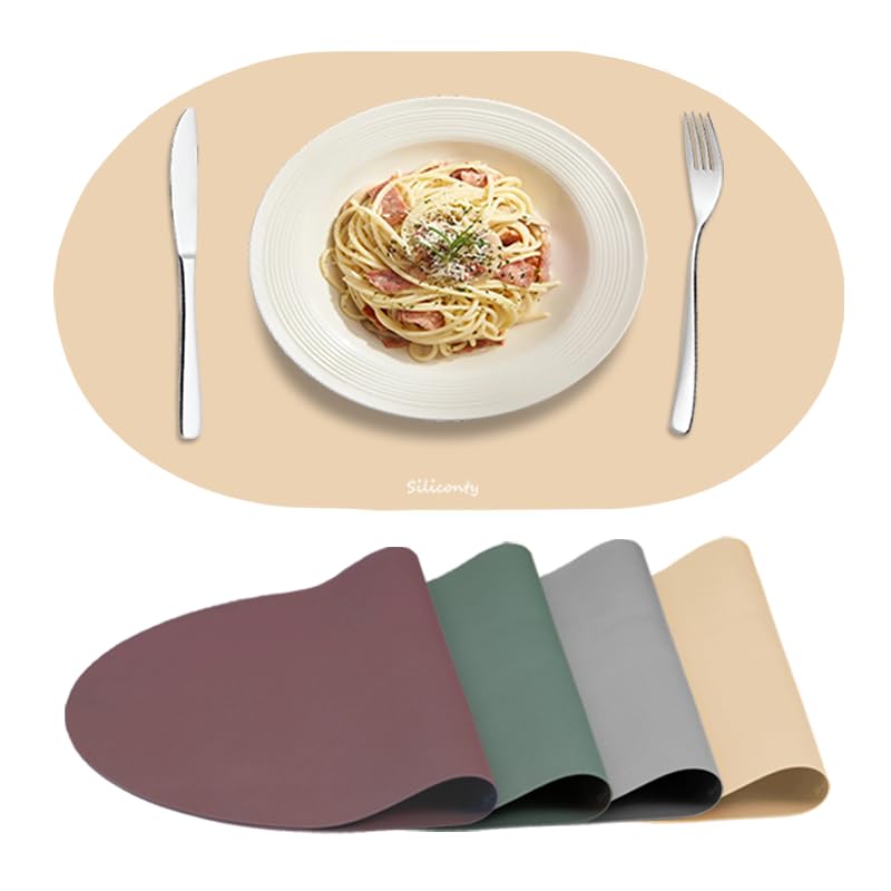 Tovagliette Silicone Impermeabili e Antiscivolo Siliconty, Set di 4 Ovali Termoisolanti, Tovagliette Colazione, Termoisolanti e Facili da Pulire, 43x30 cm (comb 4pcs)