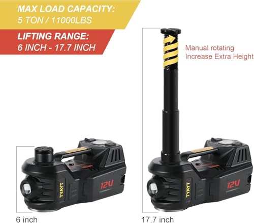 Image of Electric Car Jack Kit 5 Ton 12V Floor Jack with Impact Wrench and Tire Inflator Pump Portable Hydraulic Car Jack for SUV Sedans Tire Change with LED Light, Lifting Height 6 to 17.7 Inch (Black)