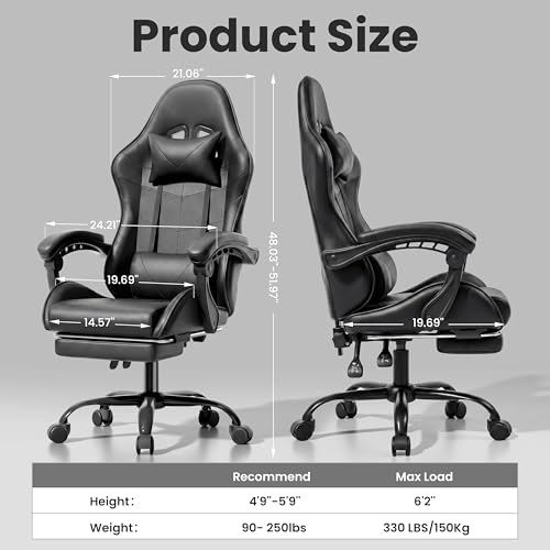 Image of Gaming Chair, Ergonomic Computer Chair with Footrest and Lumbar Support, Height Adjustable Office Chair with 360 Swivel Seat and Headrest (Black)