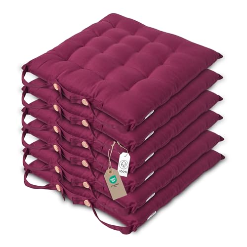 HOMESCAPES Galette de Chaise 40x40 cm, Lot de 6, Coussin de Chaise en Coton, Coloris Prune