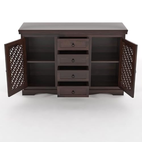 Image of Solid Sheesham Wood Sideboard and Cabinets | Wooden Side Board Media Console Tv Cabinet for Living Room | Free Standing Cabinet with 4 Drawers & 2 Door Cabinet Storage | Walnut Finish