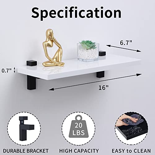 White Floating Shelves 16 Inch Long, Wooden Bathroom Shelves Set Of 2, Modern Floating Wall Shelf With Glossy Finish For Home Decor & Storage #TOP2
