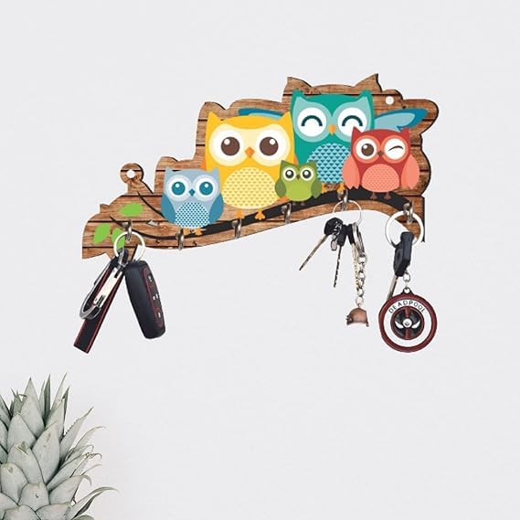 Porte-clés mural bois pour ne plus perdre vos clés 6 crochets hiboux