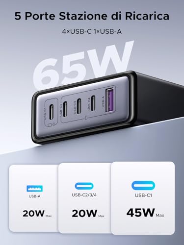 UGREEN Zapix Nexode Caricatore Retrattile USB C 65W GaN Caricatore Rapido a 3 porte PPS 45W Caricatore da Viaggio Compatibile con MacBook Pro/Air, serie Galaxy S-A, iPhone 17 Pro Max Air/Serie 16-12 - Immagine 1