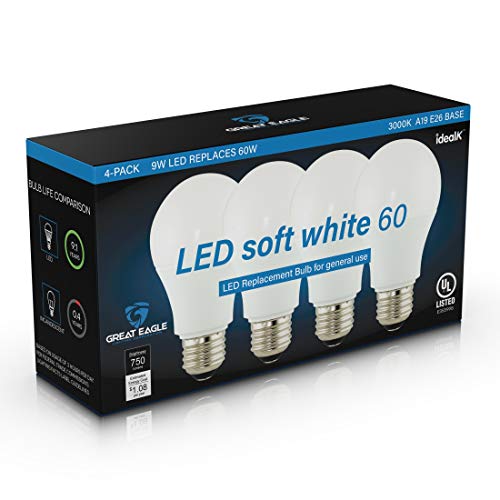 Great Eagle Lighting Corporation A19 Led Light Bulb, 9W (60W Equivalent), Ul Listed, 3000K (Soft White), 750 Lumens, Non-Dimmable, Standard Replacement (4 Pack) #TOP3