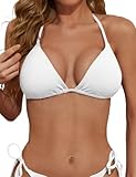 Zuvebamyo Women's Triangle Bikini Top Ribbed Push up Padded Halter String Bathing Suits Top White S