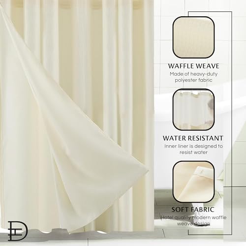 Dainty Home Waffle Weave Long Shower Curtain Liner Ivory 70\" x 72\" Fabric Snap-in Liner Mesh See Through Top Waterproof Fabric Shower Curtain