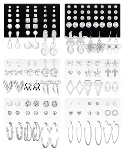 84 Pairs Gold Stud Earrings Set for Women Multipack, Fashion Pearl Cubic Zirconia Butterfly Earrings Packs Piercings, Hypoallergenic Stud Hoops Earrings for Gift (Style10-silver)
