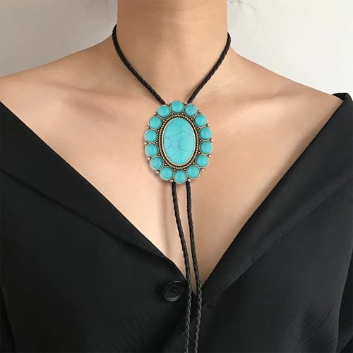 Image of GelConnie Bolo Tie for Men Women Western Cowboy Turquoise Leather Necktie | Natural Stone Bolo Tie Necklace for Women Rodeo Cowboy Leather Necktie Native American Western Cowgirl Ties Adjustable Cord