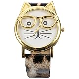 Yardwe Reloj de Pulsera para Niñas con Diseño de Gato Divertido Correa de Cuero PU Movimiento de Cuarzo Preciso para Cumpleaños y Navidad