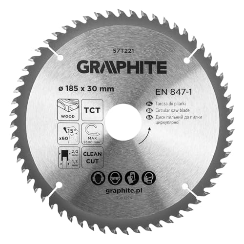 GRAPHITE Widia Lame de Scie Circulaire - Lame de Scie en Carbure pour Bois, Panneau de Particules, MDF, Contreplaqué et Aluminium - Coupes Précises, Y Compris, Anneaux de Réduction, Propre et Rapide