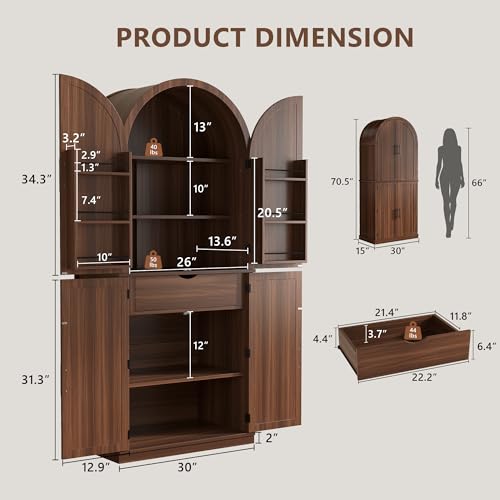 Image of iPormis 71 inch Tall Arched Cabinet with Doors, Farmhouse Kitchen Pantry with Adjustable Shelves & 6-Tier Door Shelves & Drawer, Modern Wood Storage Cabinet for Dining, Living Room, Bathroom, Walnut