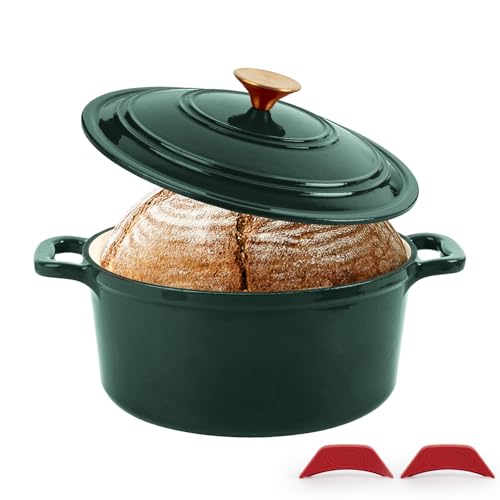 Tastedeli Enamel Cast Iron Dutch Oven with Lid Round Casserole Pot for Bread Baking Braising Roasting and Stews Heavy-Duty Oven Safe Induction Compatible (4.7QT Green)