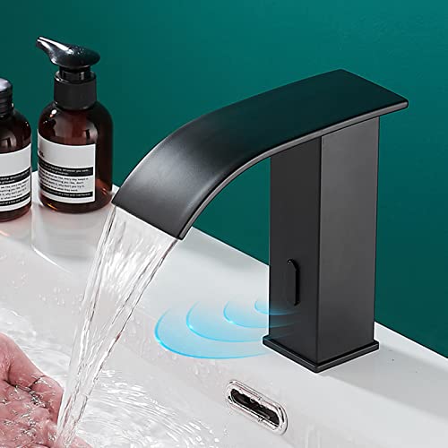 Grifo sin contacto de cascada premium con sensor electrónico negro para lavabo baño 5