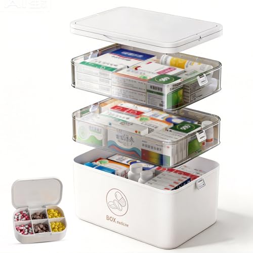 SJDUOCAI 3 Étages Boite Pharmacie,Grande Boite a Medicament avec Petite Boîte à Pilules,30X16X24cm Boite Medicaments Rangement avec Poignée,Coffre d'urgence Familial,Pharmacie Rangement