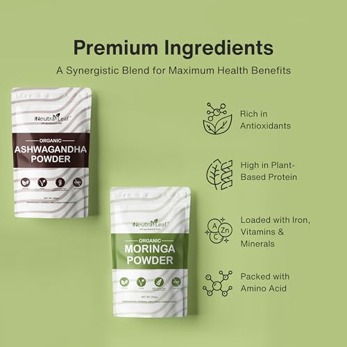 Image of NeutraLeaf Organic Moringa Powder 200g + Ashwagandha Powder 200g Combo | Energy, Stamina & Stress Support | 100% Natural Superfoods, Rich in Vitamins & Minerals