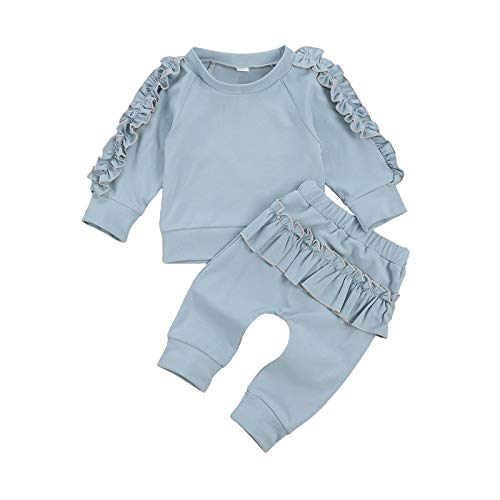 Baby Girl Tracksuit Outfits Plain Solid Long Sleeve Ruffle Sweatshirt Top&Sweatpant 2PCS Sweatshirt Set Fall Winter Clothes (Blue,18-24 Months)