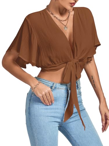 Image of LYANER Women's Sexy Deep V Neck Tie Front Wrap Cropped Blouse Bell Short Sleeve Ruffle Crop Tops