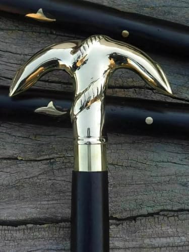 Vintage Walking Cane with Antique Brass Dolphin Handle, Wooden Walking Stick, Black, 36 Inches, Adjustable Length image 2