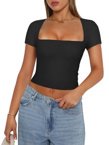 Women Sexy U Neck Crop Top Casual Short Sleeve Y2K T-Shirt Solid Color Slim Fit Basic Blouse Tee (Short Sleeve Black, M)