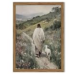 Jesus and Lamb Wall Art 3D Textured Hand Drawn Sandstone Lost Lamb Wall Decor, Jesus Leaves the 99 Sheep Christian Paintings Artwork for Living Prayer Room Bedroom 12x16 inch Wood Framed