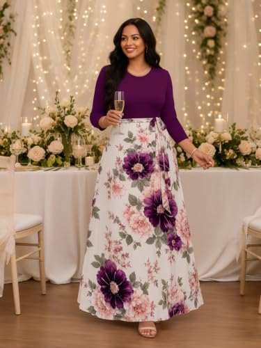 Image of Plus Size Maxi Dress for Women V Neck 3 /4 Sleeve Wrap Dress