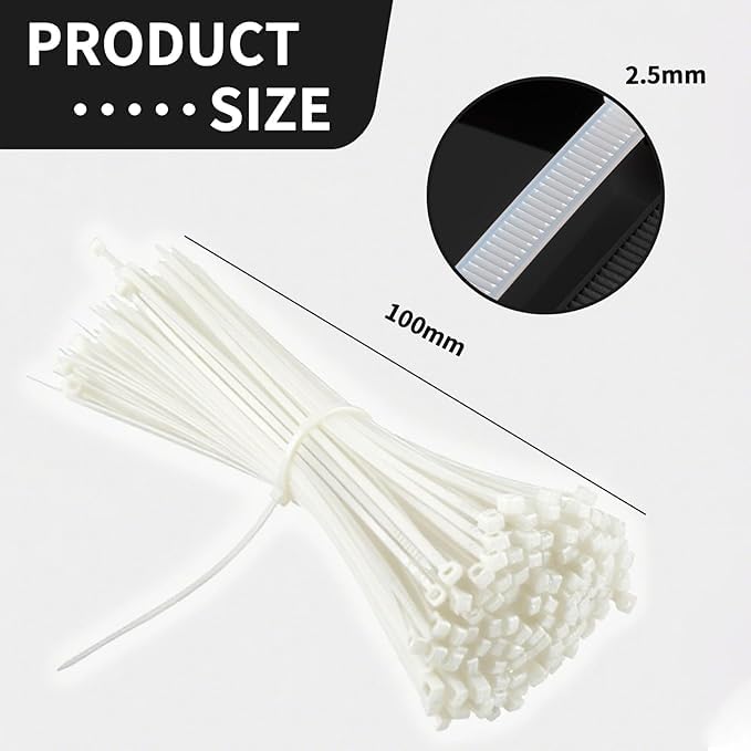 Image of bvslf 100 MM x 2.5 MM | 300 PCS | Small Cable Ties Clear White Mini Thin Cable Ties, Plastic Zip Ties, 4 Inch Nylon Self Locking Tie Wraps for Household Office Garden,
