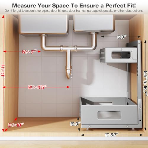 Image of 2 Pack 17IN-Depth Under Sink Organizer,Pull Out Cabinet Organizer With Smooth Cylindrical Rail,Metal Slide Out Drawer for Kitchen Bathroom Laundry,8-Level Tool Free Height Adjustable-Gun Gray