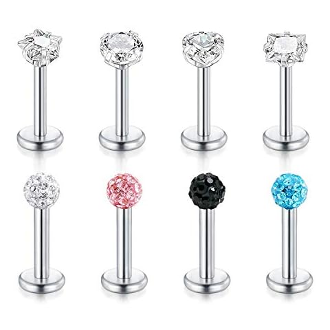 FECTAS 8pcs Stainless Steel Lip Stud Labret Bars Tragus Helix Earring Studs 6mm 8mm Stainless Steel 16G Piercing Cover