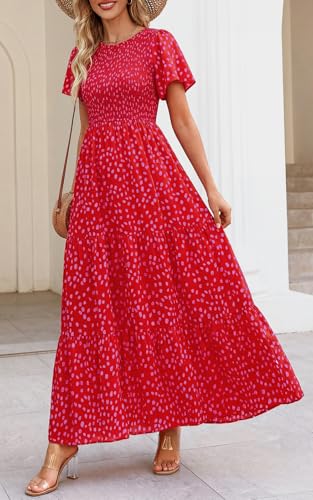 Image of PRETTYGARDEN Women's 2026 Summer Casual Flutter Short Sleeve Boho Floral Maxi Dress Crew Neck Smocked Tiered Long Dresses