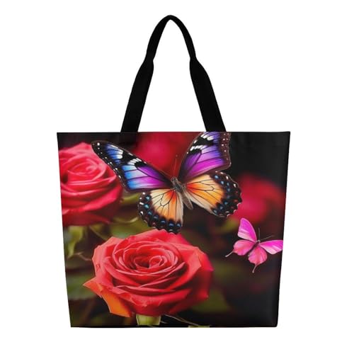Women's Multi-Functional Shopping Bag，Butterfly And Rose Printing Messenger Bag Shoulder Bag for Travel, Work, Shopping & Parties with Inner Pocket, Grocery Bag Lightweight & Water-Resistant2