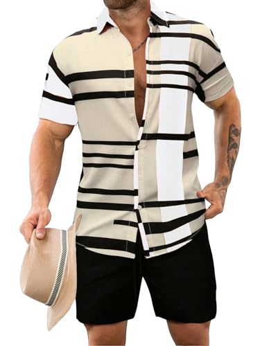 WDIRARA Men's 2 Piece Outfits Button Down Short Sleeve Collared Shirt and Shorts Set