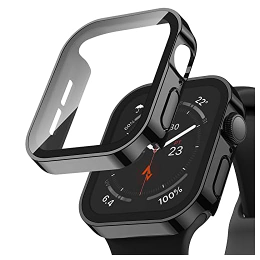 Adepoy 2 Pack Hard Case Compatible with Apple Watch 44mm Series 6 SE Series 5 Series 4 with Tempered Glass Screen Protector, Black Ultra-Thin Durable Waterproof Protective Cover for iWatch