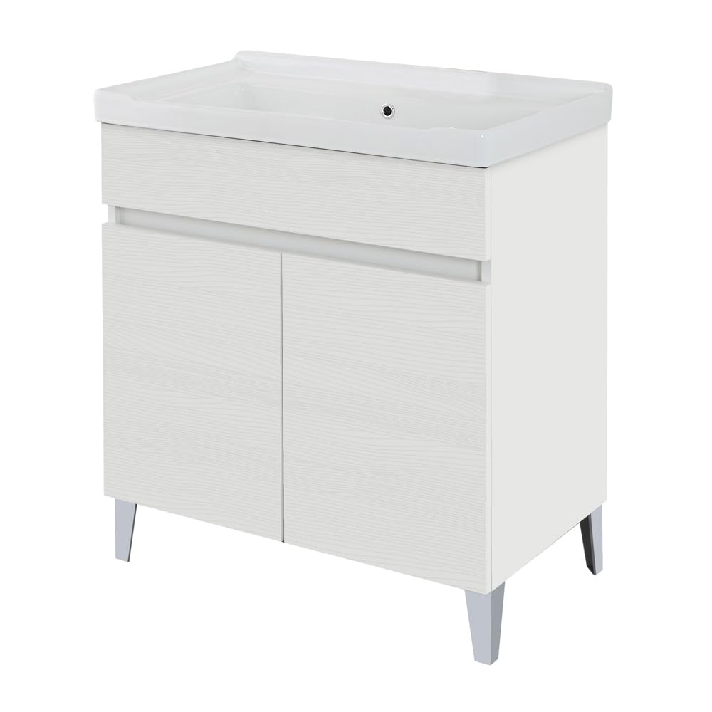 Mobile Lavatoio 79x46,8 Cm Bianco Frassinato Con Vasca In Ceramica Dotata Di Zona Strofinatoio, Struttura Già Montata In Legno Nobilitato Con 2 Ante Apribili A Gola
