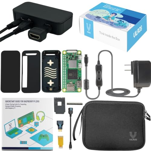 Vilros Raspberry Pi Zero 2 W Basic Starter Kit with Aluminum Alloy Multi-Purpose Case -Incudes Pi Zero 2 W Board, Multi Use Case, Power Supply, HDMI-USB Adapters in Tech Gift Style Packaging