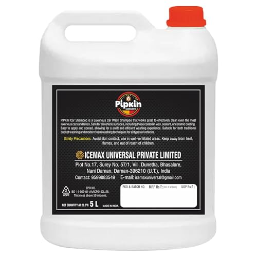 Image of Pipkin Car wash Shampoo 5 Ltr (Pack of 1) | High Foam for Deep Cleaning | Remove Tough Dirt | Safe on Paint | pH Neutral