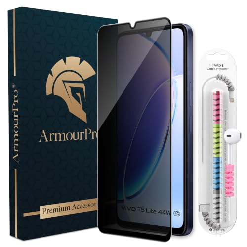 Image of ArmourPro Privacy Tempered Glass for Vivo T5 Lite, Anti Spy Anti Peeping Screen Protector, Edge-to-Edge Full Coverage, 9H Hardness with Cable Protector | Black