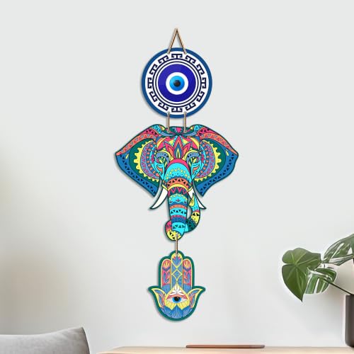 Image of Artvibes Elephant Evil Eye Wall Hanging for Home Entrance | Lucky Elephant Nazar Battu MDF Wall Decor | Vastu Decorative Art for Living Room | Bedroom | Office | Main Door | Unique Gift (WH 8547N)
