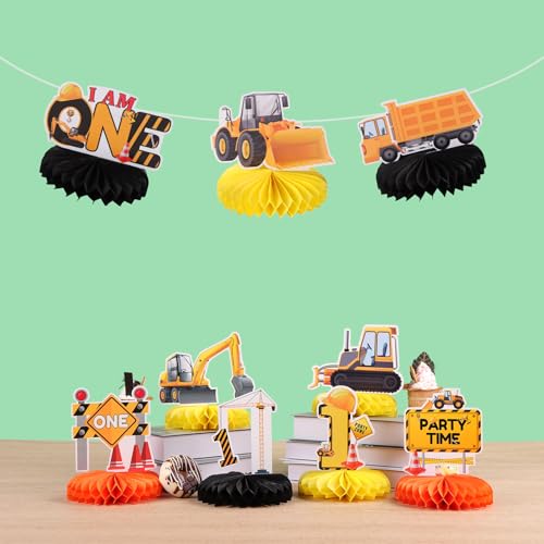 Image of 9pcs Construction Vehicle Table Centerpieces for First Birthday Party Decorations Truck Car Excavator Honeycomb Centerpieces One Birthday Table Decorations Construction 1st Birthday Table Sign Decors