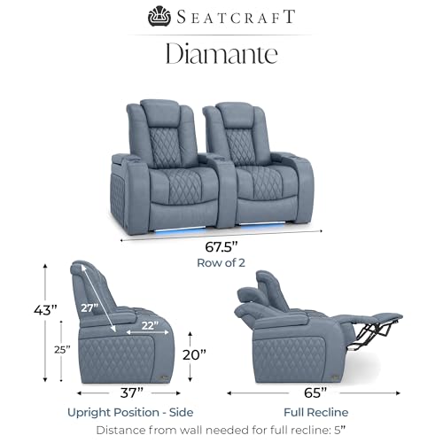 Image of Seatcraft Diamante Smokey Blue Italian Leather Home Theater Seating, Zero Gravity Power Recliner, Gaming and Home Office Chair, Powered Headrest Furniture for Family Cinema Room, Row of 2