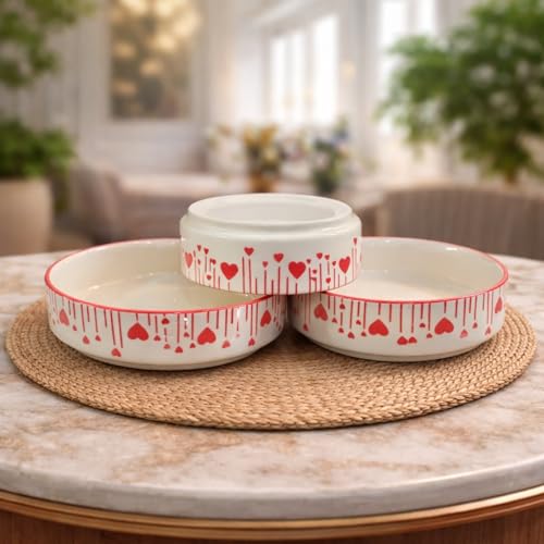 Image of Niyara Stoneware Handmade Ceramic Stylish Premium Serving Bowls /Salad Tray Microwave Dishwasher Safe (Heart Print Bowl Set of 3)